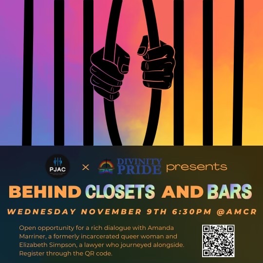 Event flyer depicting two hands opening prison bars above sponsor logos and event details