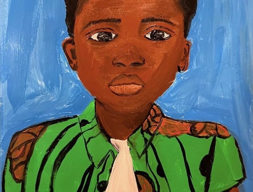 Painting of boy with black hair and brown skin wearing green shirt against blue blackground.