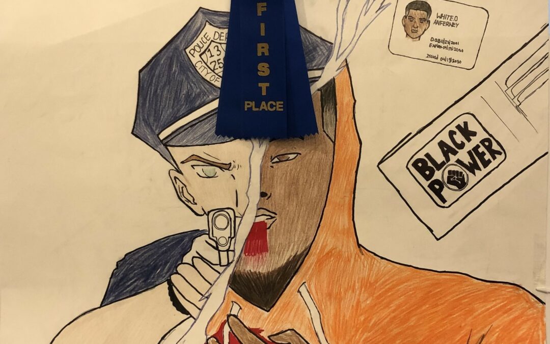 Drawing depicting images of a police officer with gun and a bleeding Black man in an orange hoody merged together. A drawing of a wallet and ID card are to the side. A first place blue ribbon hangs over the piece.