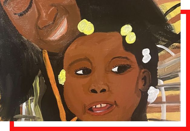 A painting of a Black mother smiling down at her young daughter