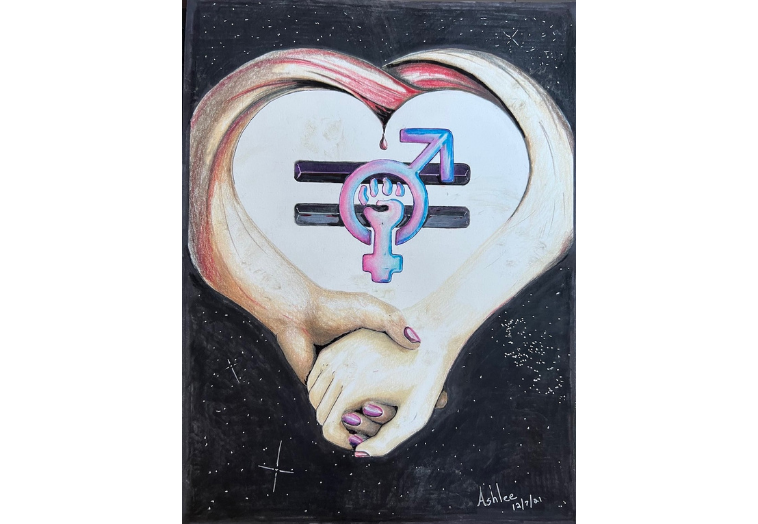 A painting by Ashlee Inscoe: two arms holding hands form a heart with an equals sign and male and female signs interposed in its middle