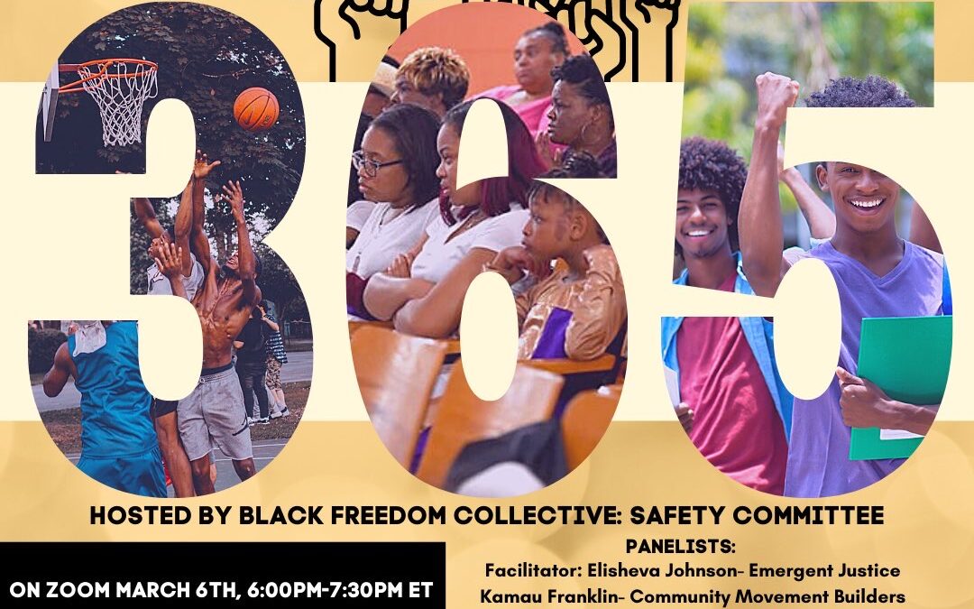 A flyer reading Black Safety across the top and 365 in the middle, with the numbers filled in by images of Black people. The text at the bottom provides the event details, noting they can be accessed in full on the registration page (which is linked in text below).