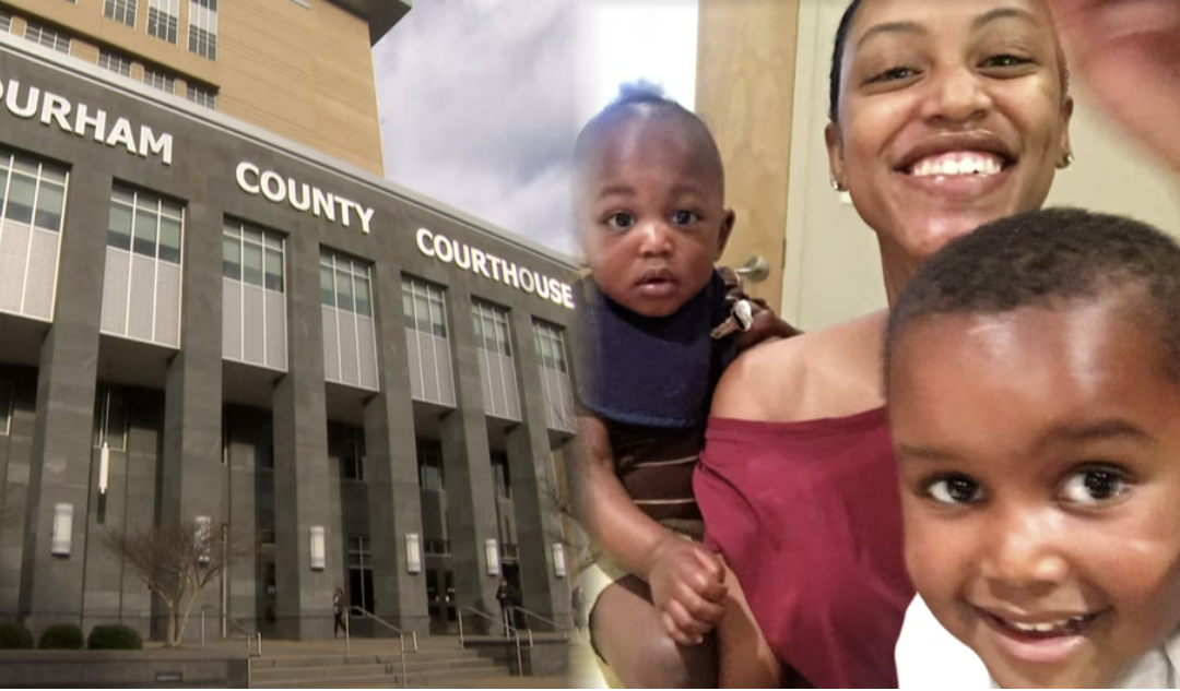 A blended image shows the front of the Durham County Courthouse building on the left and a picture of Jatoia Potts, a Black woman wearing a maroon shirt, with her two baby boys.