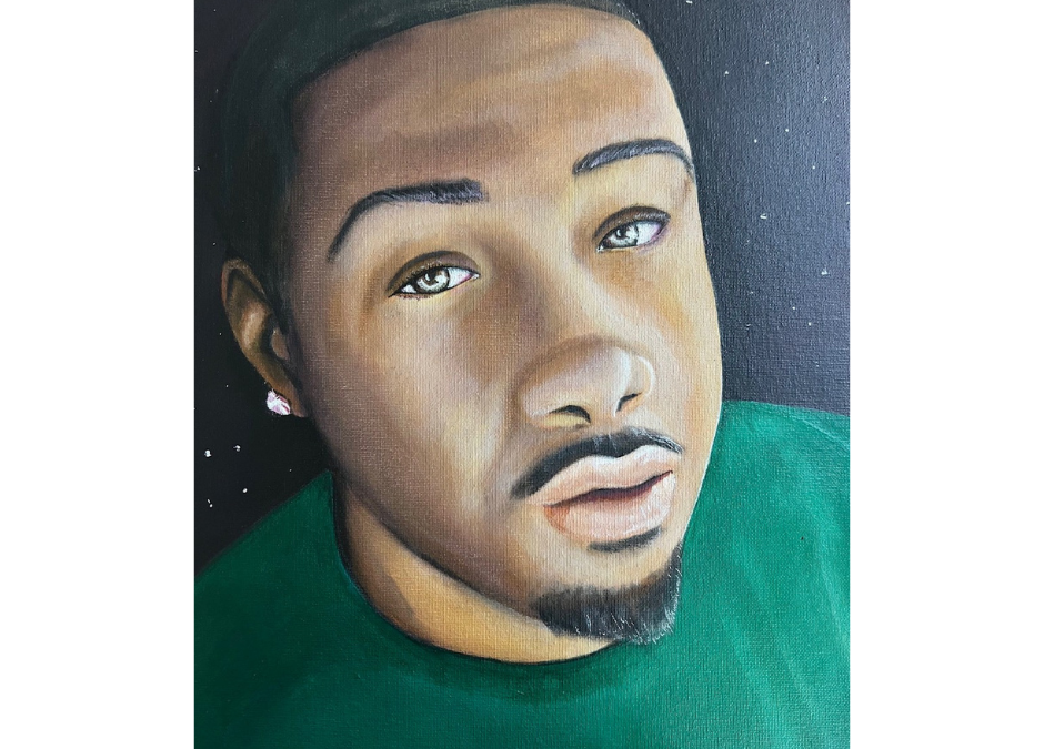 A striking portrait painting of Darryl Williams, a Black man with short black hair and a partial goatee wearing an earring and green shirt
