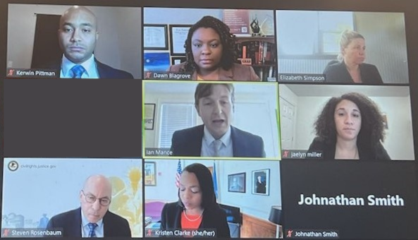 Screenshot of Zoom meeting with Emancipate and USDOJ staff