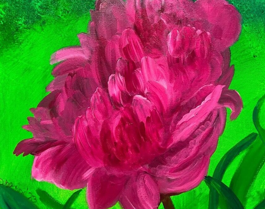 Painting of a pink flower against green grass