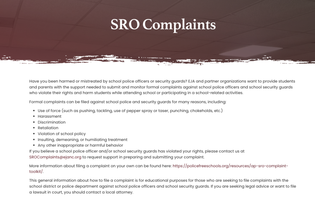 Education Justice Taskforce SRO Group Launches SRO Complaints Webpage